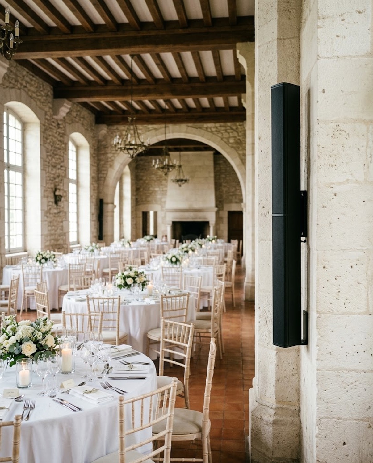 Sonorisation Wesound intégrée dans une salle de réception en pierre — enceinte colonne discrète au mur, tables dressées pour un événement