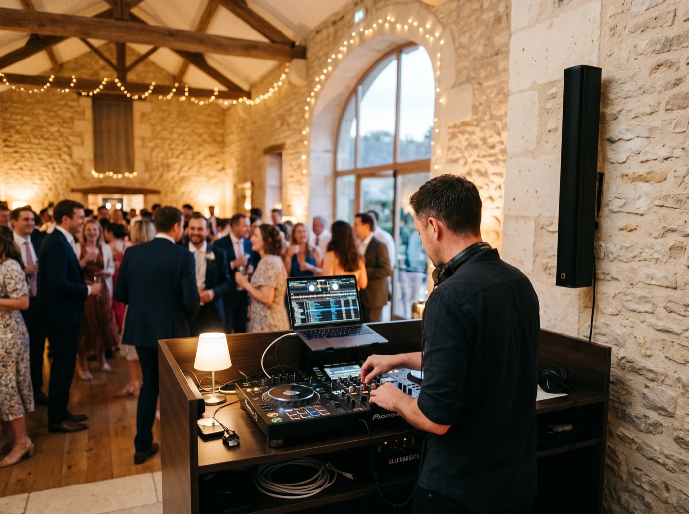 Soirée animée par un DJ dans une salle de réception en pierre équipée par Wesound — enceinte colonne intégrée, invités et guirlandes lumineuses