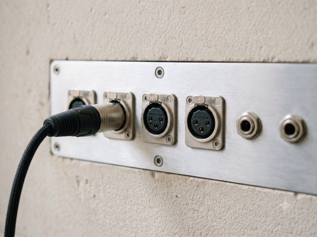 Connectique DJ intégrée au mur — entrées XLR et jack pour brancher tout DJ ou groupe